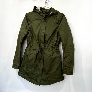 Jacket Quilted Lined Olive Green Size Large With Removable Faux Fur Hood Cotton